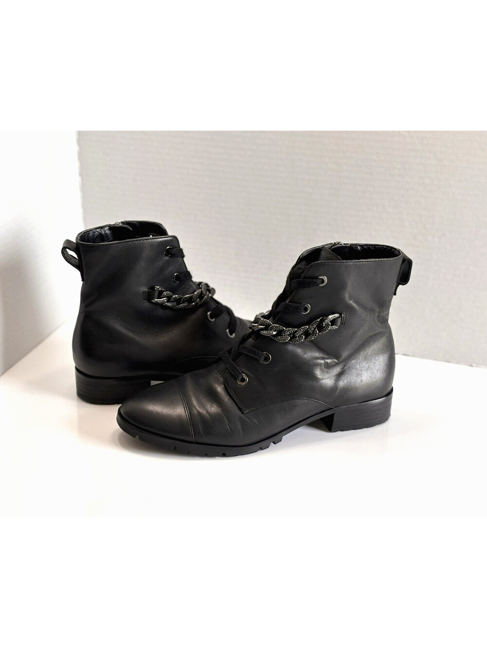 Karl Lagerfeld Suki Chain Trim Women's 8M Black Leather Lace Up Zip Combat Boots